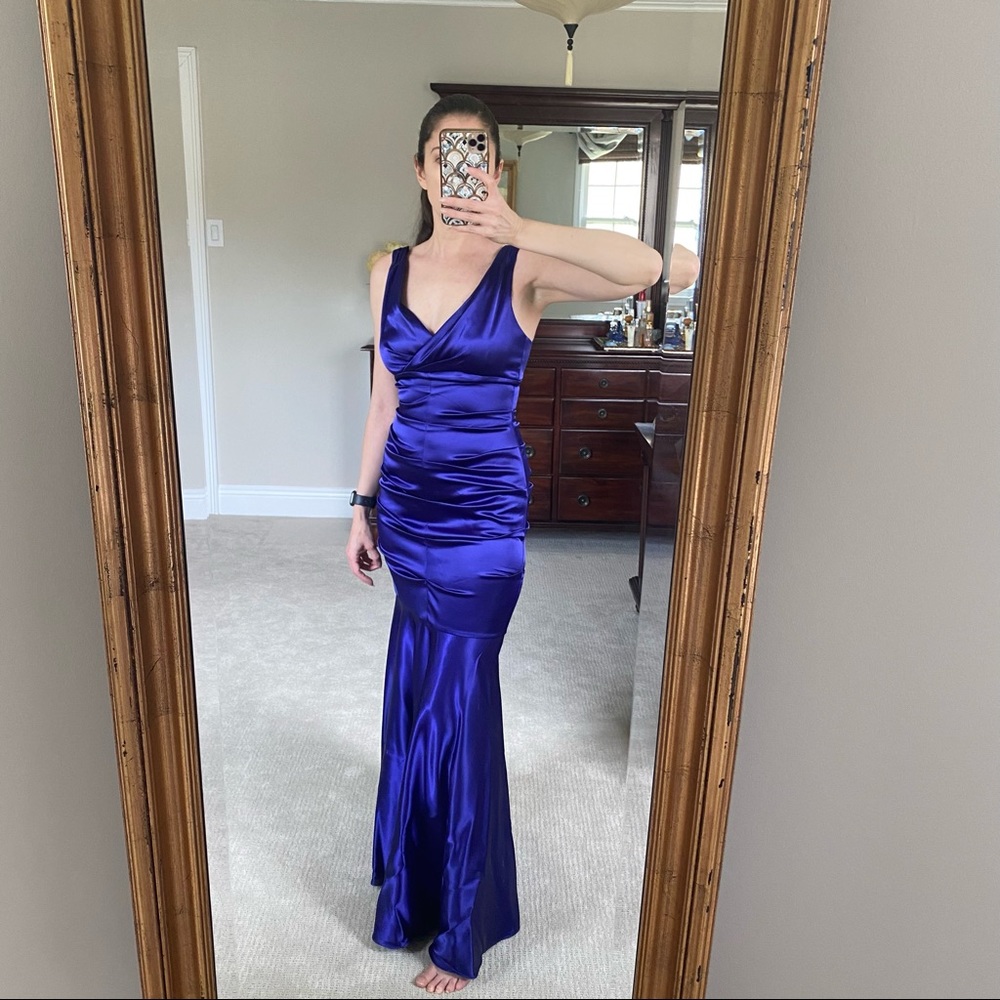 Xscape Mermaid Rouched Evening Gown in Purple